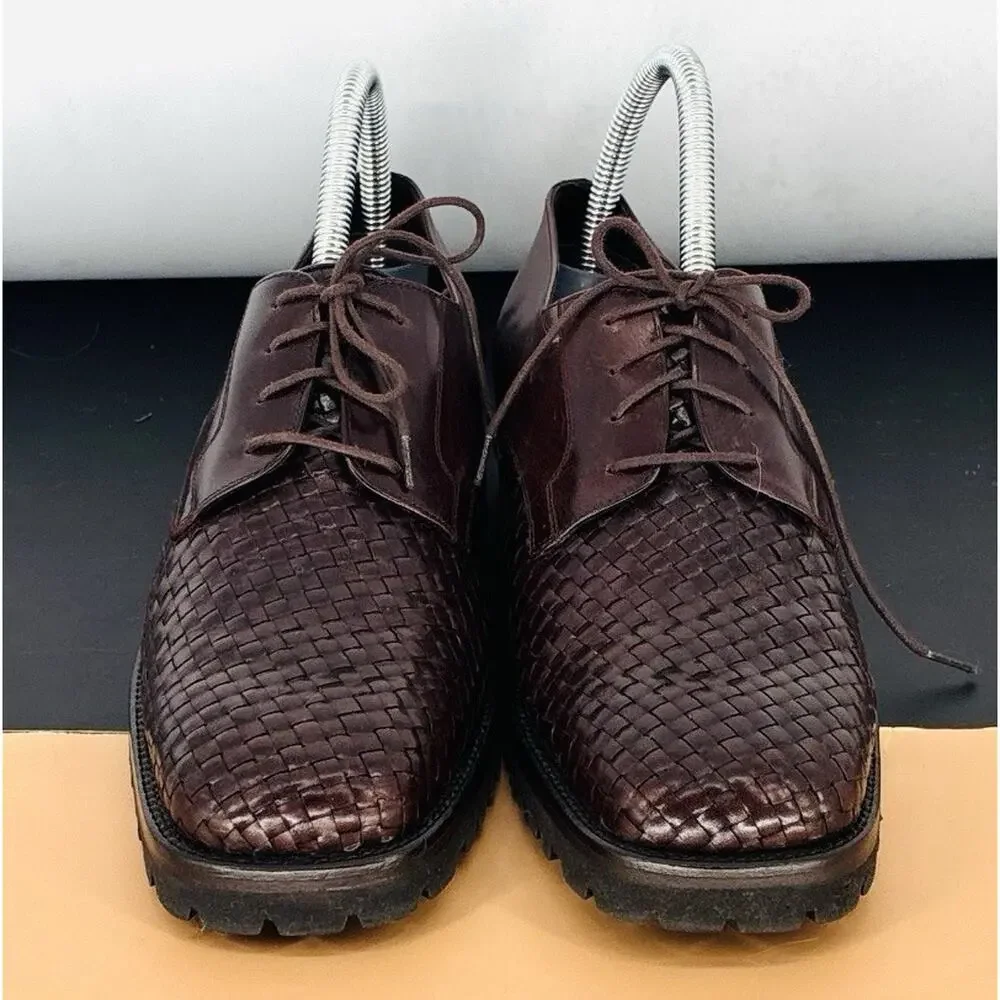Mezlan Mens Bwn Dk Burgandy Woven Leather Derby Vibram Sole Spain Sz 9M